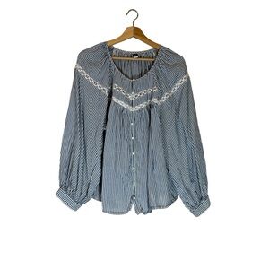 Old Navy Chambray Blue White Striped Button Down Lace Peasant Top Size XL